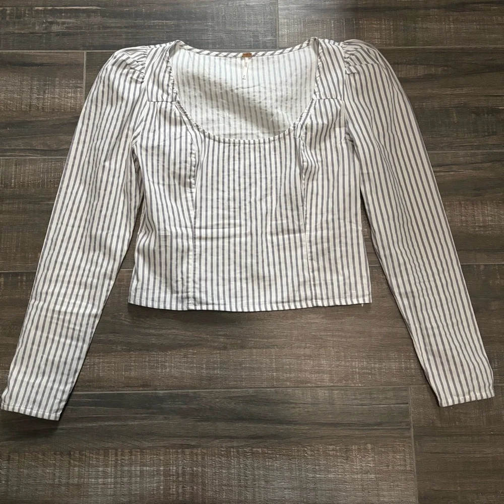 Free People Caroline Striped Long Puff Sleeve Blouse Top